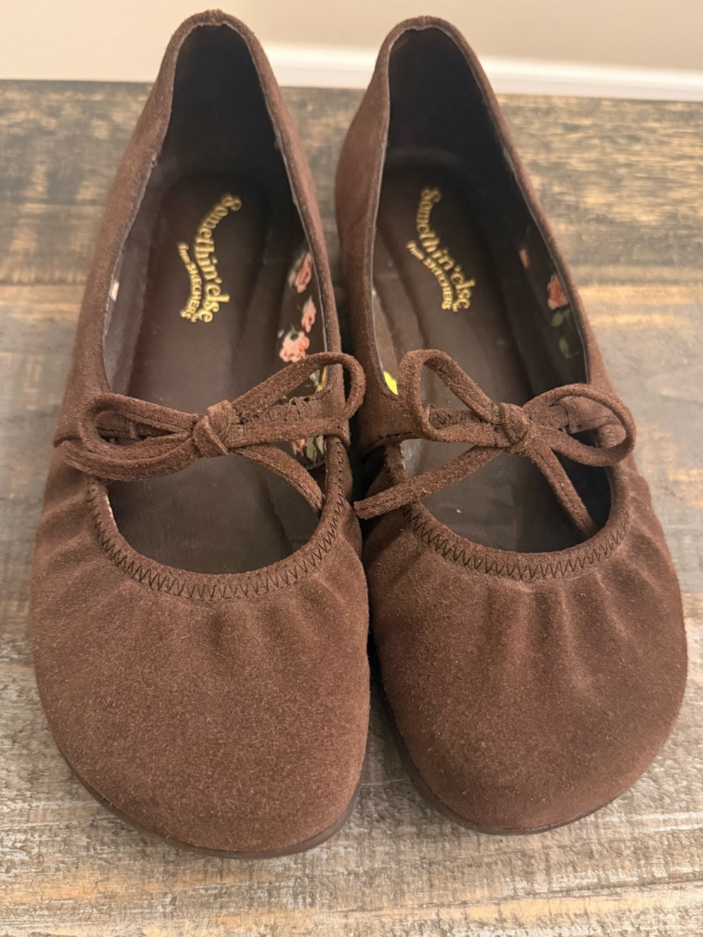 Somethin’ else from Skechers Brown Suede Mary Jane Flats with Floral Lining